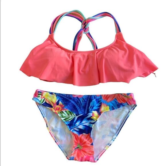 2 piece bikini , racer back to, Hawaiian print bottom. Size med. Pink & blue - Picture 1 of 7